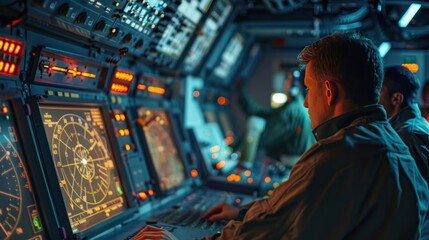 Missile Defense System - Control panel of the missile defense system with a radar display screen and digital maps.