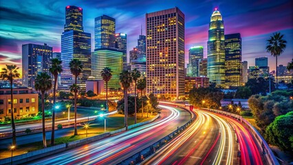 Obraz premium Vibrant neon lights illuminate the bustling streets of Los Angeles at night, casting a colorful glow on towering skyscrapers and busy city streets.