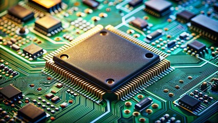 Obraz premium Close up shot of advanced integrated microchip and circuit board in electronics, AI, integration, microchip