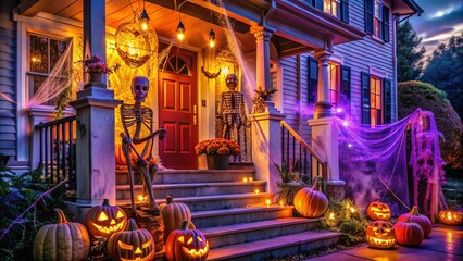 Vibrant orange and purple lights illuminate a spooky front porch adorned with cobweb-covered skeletons, ghosts, and jack-o-lanterns, setting a haunting Halloween atmosphere.