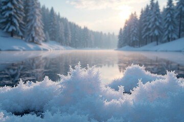 A serene lake scene surrounded by snow-covered pine trees, perfect for winter or nature-inspired designs