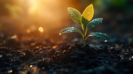 delicate seedling emerging from rich dark soil bathed in soft morning sunlight with water droplets glistening on its leaves symbolizing hope and new beginnings