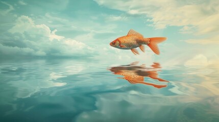 Obraz premium Surreal image of a fish swimming in the sky above a calm sea, creating a fantastical and imaginative scene.