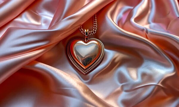 Heart-shaped locket on silky, ruffled pink fabric