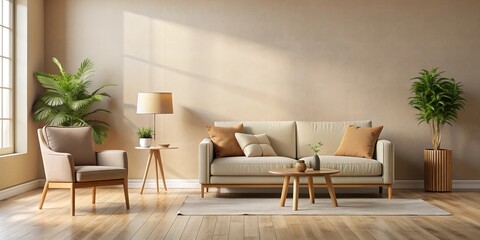 Fototapeta premium Cozy beige interior with a chair and sofa , room, interior design, home decor, furniture, comfortable, modern