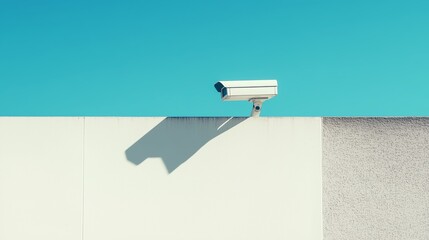 A security camera mounted on the wall with a blue sky background.