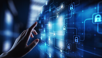 Naklejka premium Blockchain cryptography technology, fintech and internet concept on virtual screen.