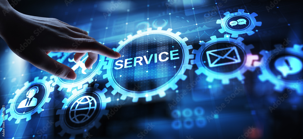 Aufkleber Service support customer help call center Business technology button on virtual screen.