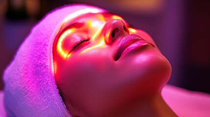 Woman undergoing LED facial treatment in a tranquil spa environment during a beauty session focused on skin rejuvenation