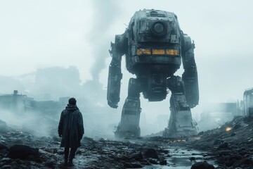 Obraz premium A alone survivor accompanied by a damaged robot in a barren wasteland. Generative AI