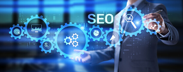 SEO Search engine optimisation online digital internet marketing concept on virtual screen.