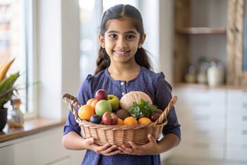 Obraz premium Indian Girl with a Basket of Fruits - An Indian girl holding a basket filled with fresh fruits, highlighting traditional market scenes. 
