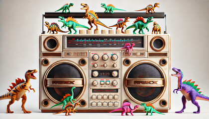 Retro music boombox with toy dinosaur 