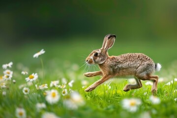 Fototapeta premium An elegant European hare running through a green meadow, flowers in full bloom around it.