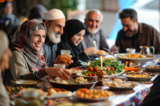 Muslim family enjoying dinner in majilis.