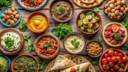 Fototapeta premium Lively Beirut street scene featuring a spread of Lebanese mezze dishes , Middle Eastern, Beirut, Lebanon, street