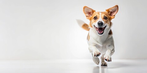 Joyful dog running happily on a white background, dog, pet, running, happy, joyful, energetic, playful, animal, white background