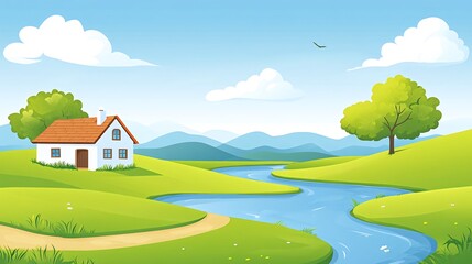 Fototapeta premium A charming countryside scene with a white house, a winding river, green hills, and a bright blue sky.