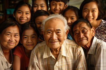 Three generations Asian family bonding together at home