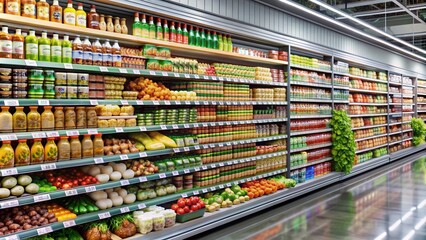 Fototapeta premium Various food products displayed on shelves in a supermarket , Bangkok, Thailand, Foodland, supermarket, shelves, brands