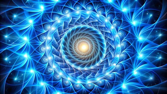 Vibrant spiral pattern radiates dynamic energy, swirling with mesmerizing intensity, evoking feelings of vitality and movement in a kaleidoscope of bright, electric blues and whites.