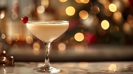 Classic Brandy Alexander in cocktail glass, with creamy texture, served in an elegant setting with soft lighting. 