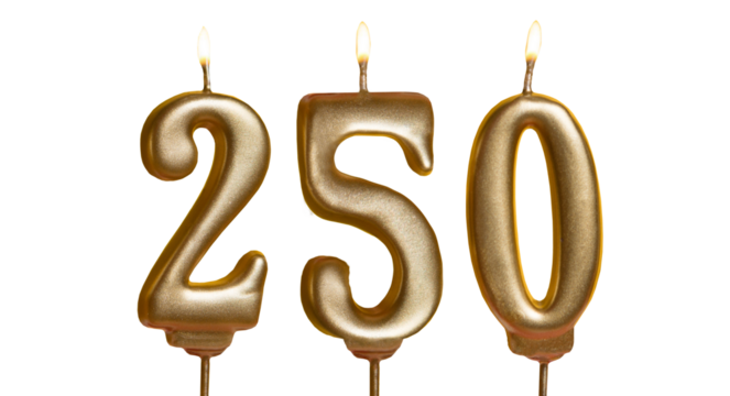250. Candles with fire with the number fifty. Golden volumetric numbers isolated on a transparent background. For anniversaries, birthdays, sales, greeting cards.