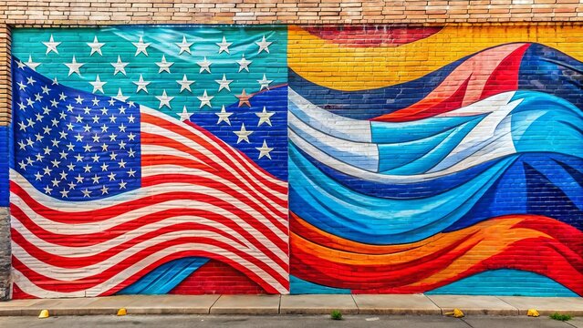 Vibrant street art mural depicting Russian and American flags intertwined, symbolizing cultural exchange and unity, on a colorful urban city wall background.