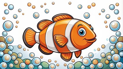 Coloring page of a clown fish surrounded by bubbles for kids , clown fish, bubbles, underwater, ocean