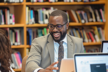 Teacher teaching with excitement in a library. Generative AI
