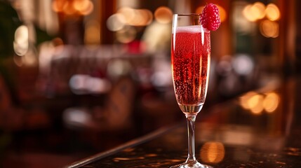 Classic Kir Royale in champagne flute, with a raspberry garnish, served in a sophisticated setting with elegant decor. 