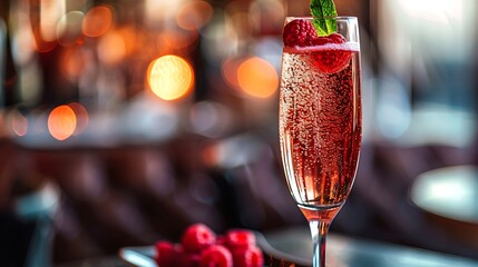 Classic Kir Royale in champagne flute, with a raspberry garnish, served in a sophisticated setting with elegant decor. 