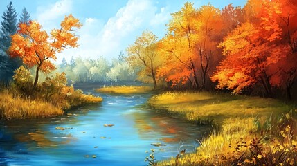 A tranquil autumn landscape with a winding river flowing through a forest of golden and red leaves, with a bright blue sky above.