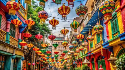 Naklejka premium Vibrant traditional Bengali festival decorations adorn a colorful street in Kolkata, West Bengal, with intricate lanterns, balloons, and flags celebrating cultural heritage.