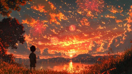 Obraz premium A young boy watches fireworks light up the vibrant sunset sky.