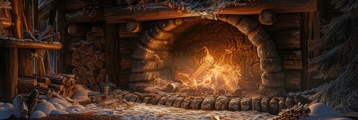 Naklejka premium Cozy fireplace with a warm and inviting glow