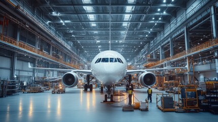 Large Aerospace Factory Interior with Partially Assembled Aircraft Surrounded by Workers and Equipment