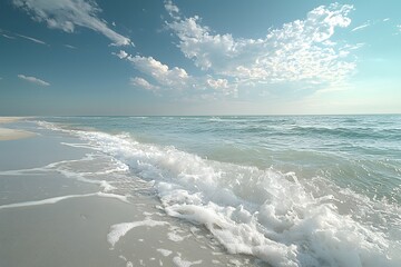 Fototapeta premium Serene beach scene with gentle waves and soft clouds in the sky.
