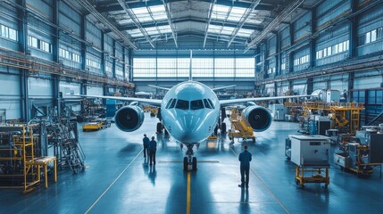 Large Aerospace Factory Interior with Partially Assembled Aircraft Surrounded by Workers and Equipment
