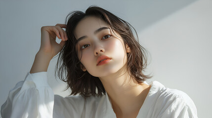 Fototapeta premium beautiful young model wear white blouse illustration