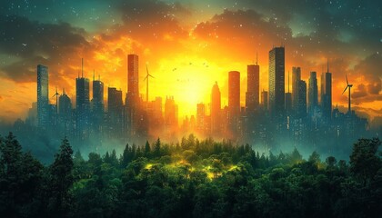 Fototapeta premium Green Horizons: Vision for a Sustainable Future, vibrant poster showcasing a thriving,