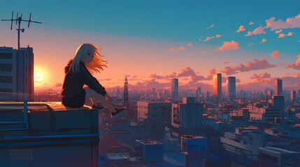Fototapeta premium A young girl sits on a rooftop at sunset, gazing over a city skyline.
