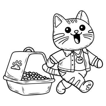 recommend clip art: Vector illustration of a cat going to its litter box in line art style
