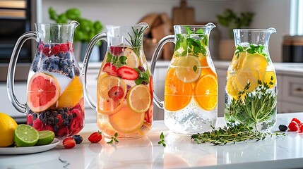 Colorful array of infused waters in pitchers, displayed on a modern kitchen counter with fresh fruit and herbs. 