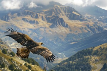 Fototapeta premium An image of a majestic golden eagle soaring high above the Pyrenees mountains