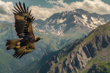 Fototapeta premium An image of a majestic golden eagle soaring high above the Pyrenees mountains