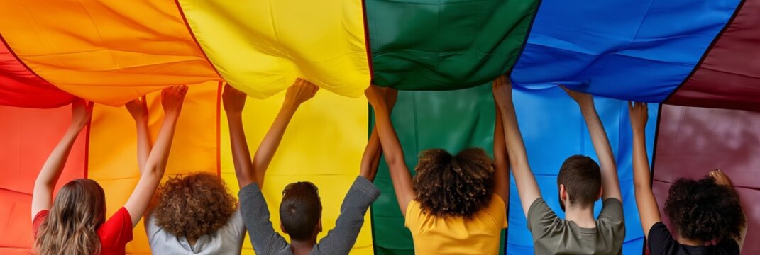 A group of children lifting and holding a vibrant rainbow-colored parachute outdoors, symbolizing unity, diversity, and playful togetherness in a cheerful scene.