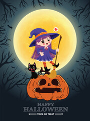 Vintage Halloween poster design with vector witch character. 