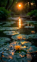 A serene water scene at sunset, featuring a tranquil pond filled with vibrant green lily pads and delicate yellow water lilies blooming.