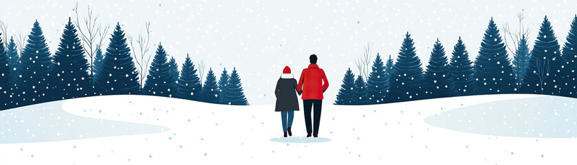 Fototapeta premium Couple walking through a snowy landscape surrounded by pine trees, enjoying a romantic winter day in nature.